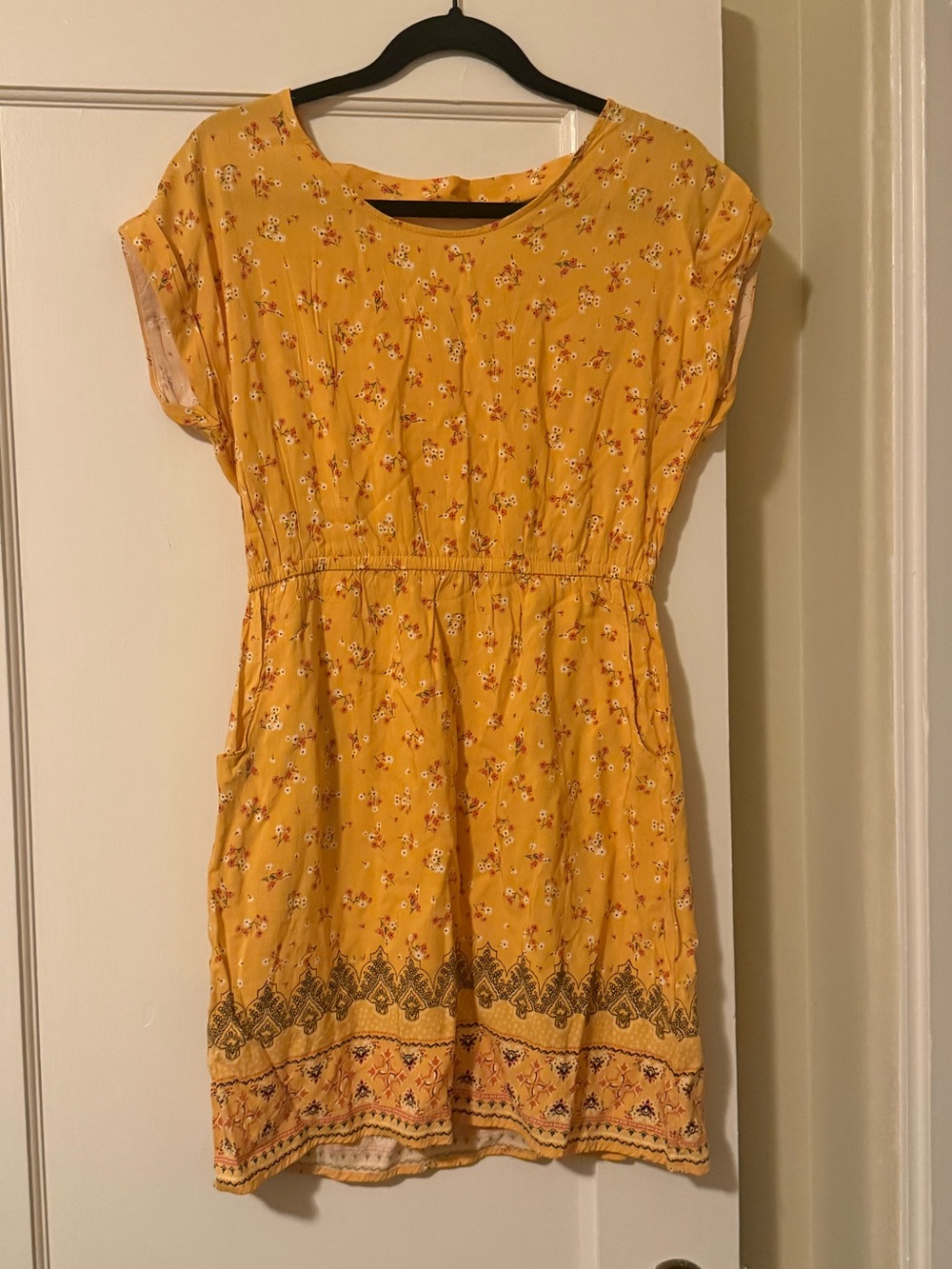 Pink Republic Yellow Floral Cinch-Waist Skater Dress (M)